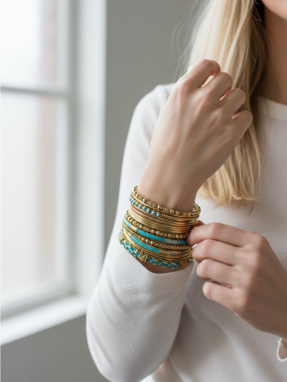 10/22 Gold and Turquoise Stackable Bangle Bracelet Set - Women Jewelry
